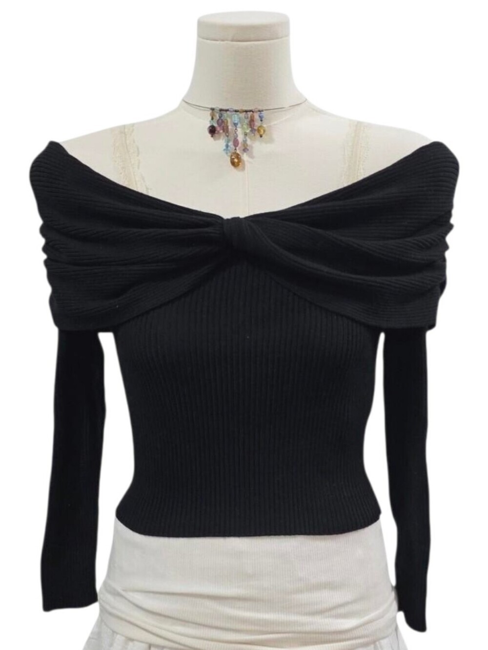 Abercrombie black ribbed off the shoulder top with bow like detail on front